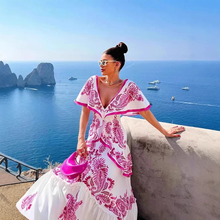 Dbvacay  V Neck Ruffle Printed Maxi Dress