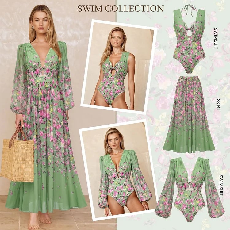 Long Sleeve Floral One Piece Swimsuit Set