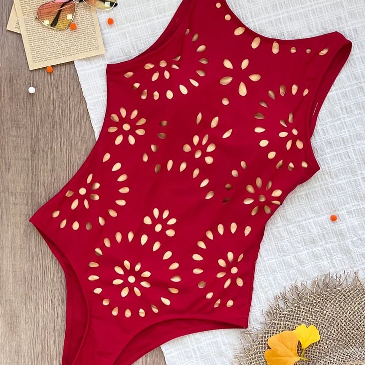 Laser Cutting Flower Hollow Flared Skirt Swimsuit Set