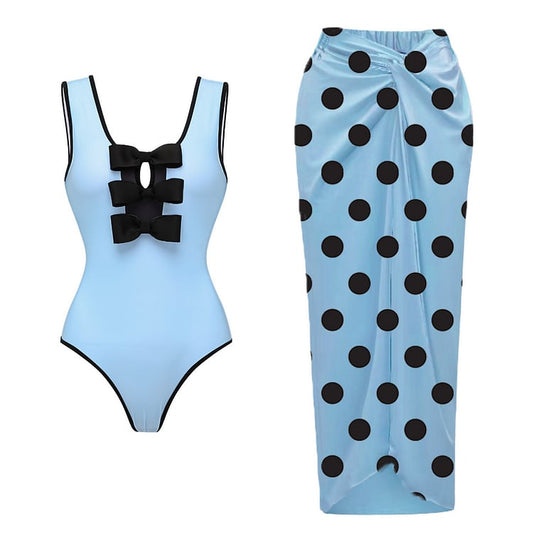 Blue Contrast Bow One Piece Swimsuit Set