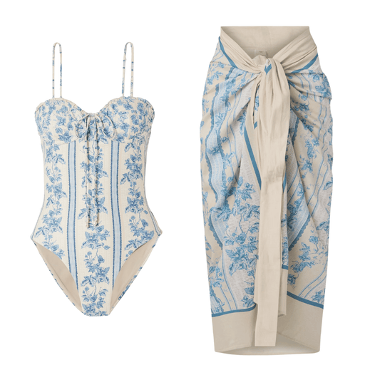 Blue Print One Piece Skirt Swimsuit Set