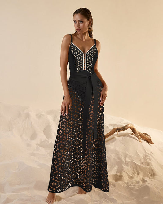 Black Laser Cutting Flower Hollow One Piece Swimsuit Set