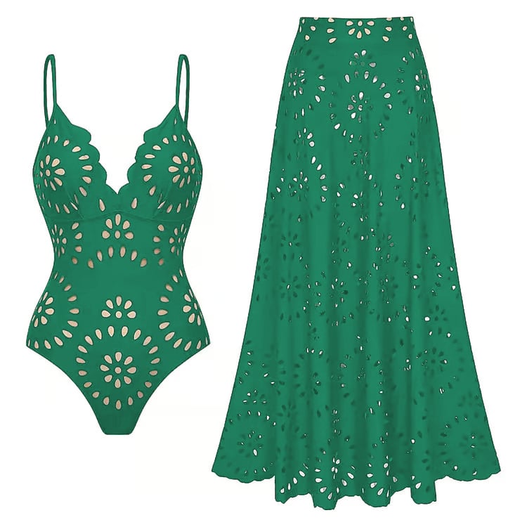 Laser Cutting Flower Hollow Flared Skirt Swimsuit Set