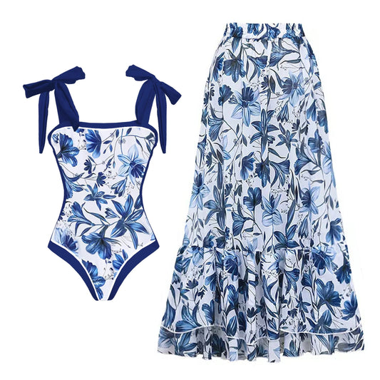 Blue Printed Sling One Piece Swimsuit Set