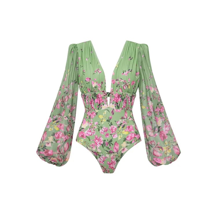 Long Sleeve Floral One Piece Swimsuit Set