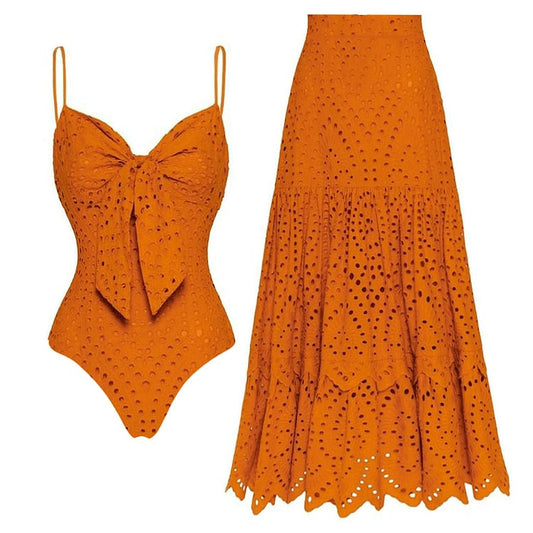 Sling Cut Out Bow Tie One Piece Swimsuit Set
