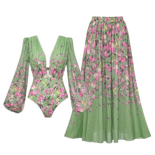 Long Sleeve Floral One Piece Swimsuit Set