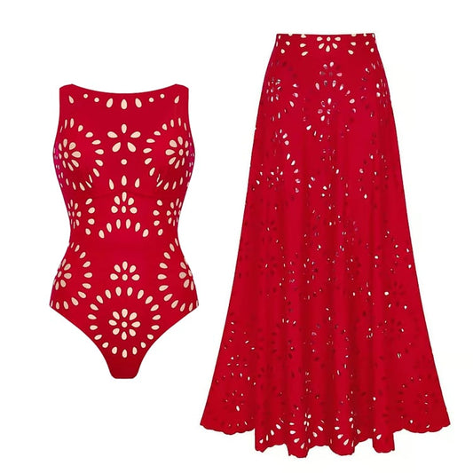 Laser Cutting Flower Hollow Flared Skirt Swimsuit Set