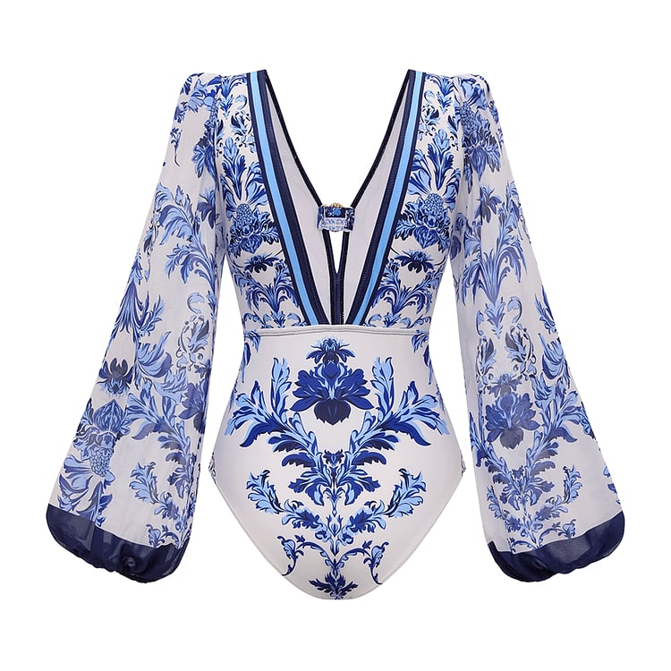 Long Sleeve Flower Color Block Print Swimsuit Set
