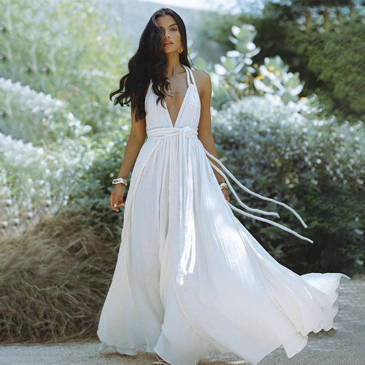 Dbvacay  Backless with straps and flowing suitable for vacation Maxi Dress
