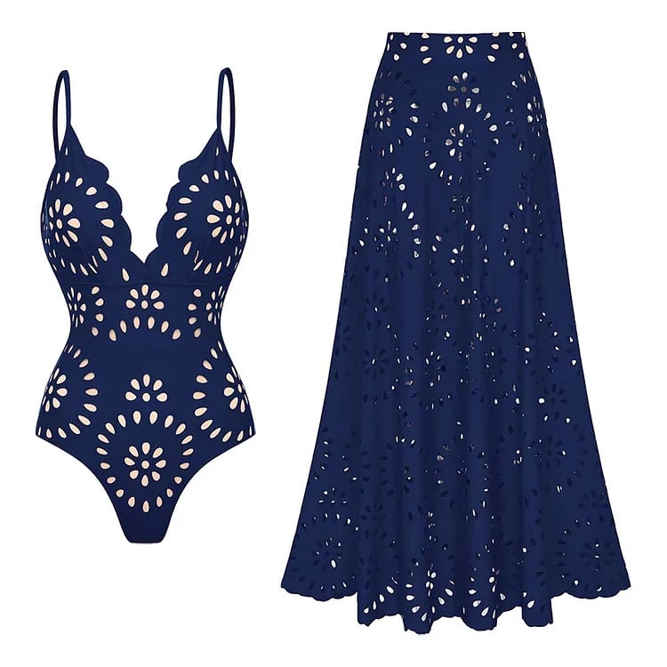 Laser Cutting Flower Hollow Flared Skirt Swimsuit Set