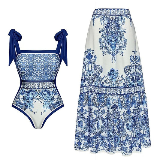 Blue And White Porcelain One Piece Swimsuit Set