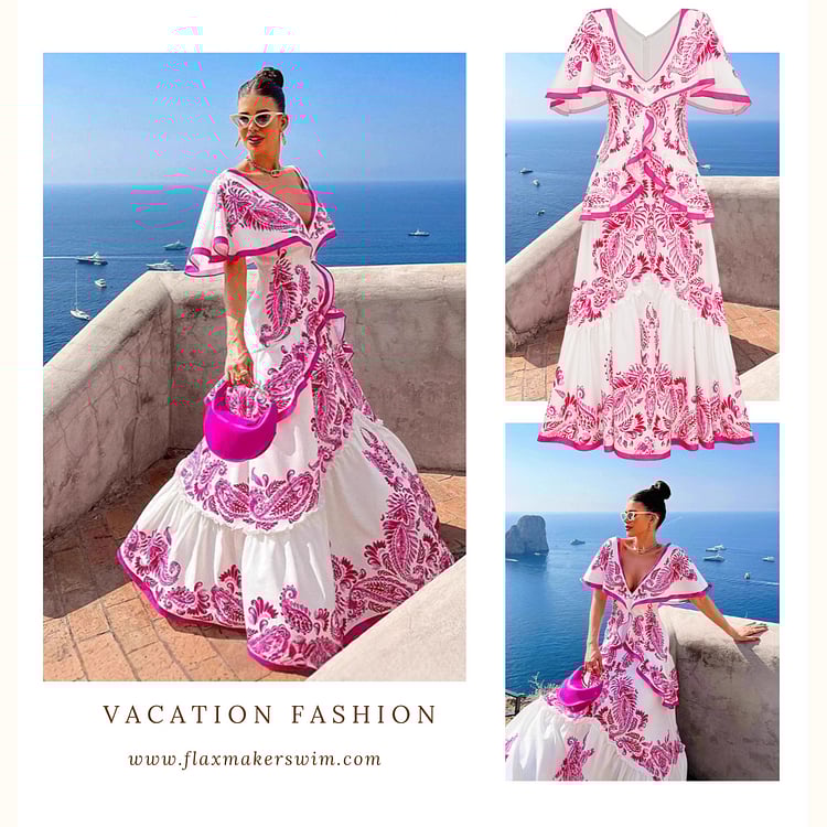 Dbvacay  V Neck Ruffle Printed Maxi Dress