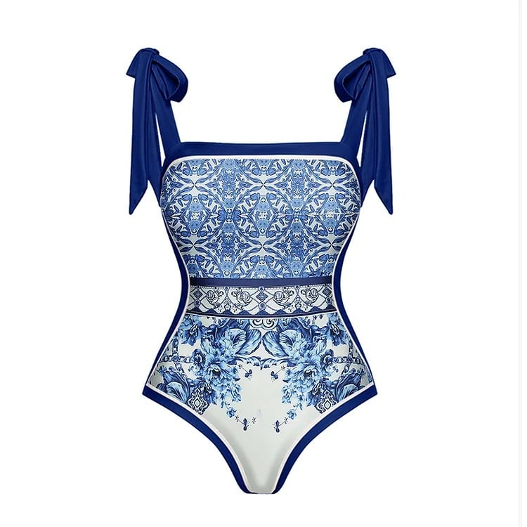 Blue And White Porcelain One Piece Swimsuit Set