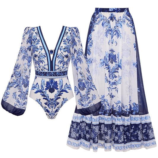 Long Sleeve Flower Color Block Print Swimsuit Set