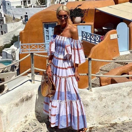 Dbvacay  Bandeau Ruffle Striped Printed Maxi Dress